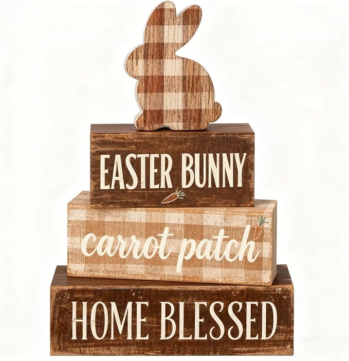 Easter Decorations - Easter Bunny Tiered Tray Decor Set - Wooden Carrot Patch Tabletop Decoration - Rustic Farmhouse Spring Home Decor Indoor for Tiered Tray Shelf Mantel Coffee Table Gift - Spring Home Decor for Living Room, Kitchen Counter