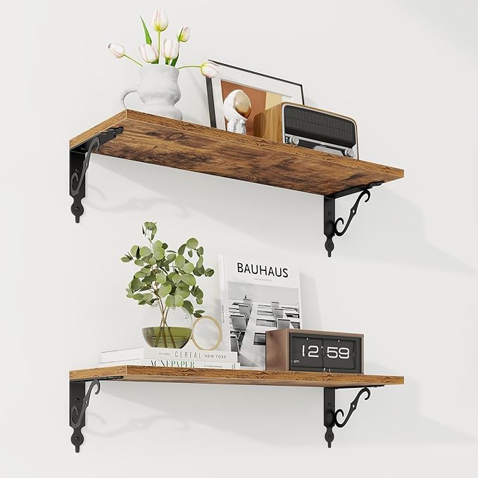 RICHFOCUS Floating Shelves for Wall Decor, 24Inch Shelves Set of 2, 24W x 8D Floating Shelves Wall Mounted with Metal Brackets, Rustic Wood Shelves for Living Room Bedroom Kitchen, Rustic Brown