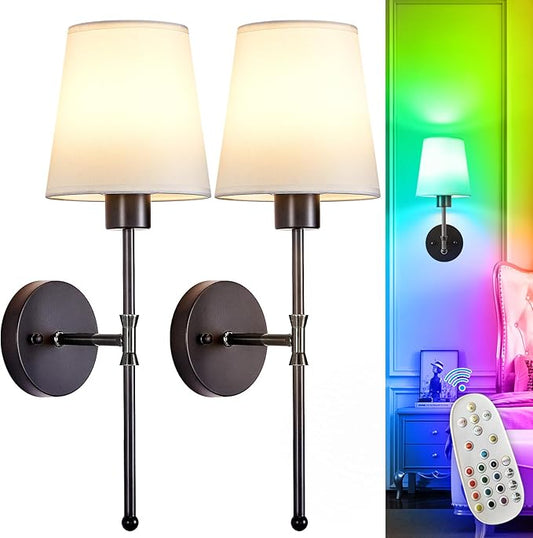 Depuley Battery Operated Wall Sconce: 19.9 Inch Set of 2 Wireless Wall Lights with Remote for Bedroom - Rechargeable 15 Colors Black Wall Lamp for Living Room Hallway Decor