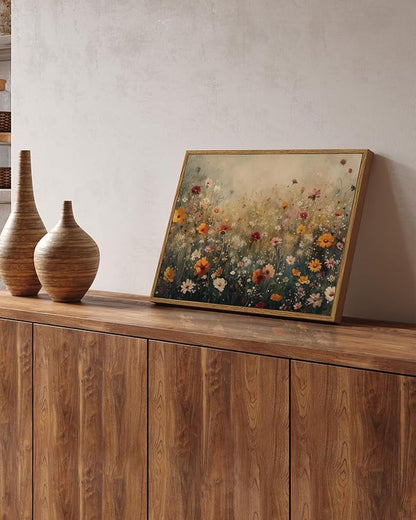 InSimSea Framed Canvas Wall Art Vintage Decor, Wall Decor for Living Room Bedroom Office Bathroom, Nature Landscape Flower Wildflower Oil Painting Prints, Home Desk Decorations, 12x16inch