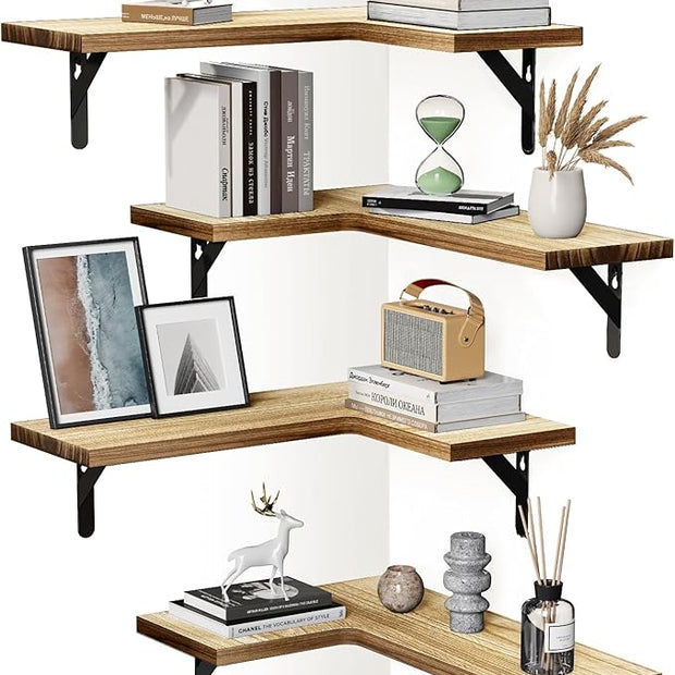 AMADA HOMEFURNISHING Corner Floating Shelves, Set of 4 Corner Shelf Wall Mounted, Shelves for Wall Decor, Corner Wood Shelf for Home Decor, Office, Bedroom, Bathroom, Laundry Room, Kitchen