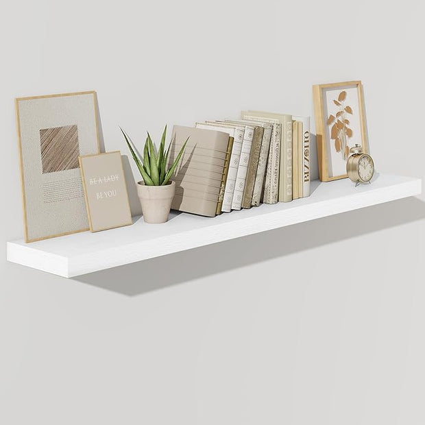 Fun Memories 55 Inch Floating Shelves for Wall, Fireplace Mantel Shelf with Invisible Heavy Duty Bracket, 8 Inch Deep Storage Shelf for Living Room, Kitchen, Farmhouse, White