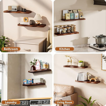 Floating Shelves for Wall, 24 inch Rustic Wooden Floating Shelves, Wall-Mounted Floating Bookshelf, Hanging Shelves with Unique Natural Grain for Living Room, Bedroom, Kitchen (Walnut Color)