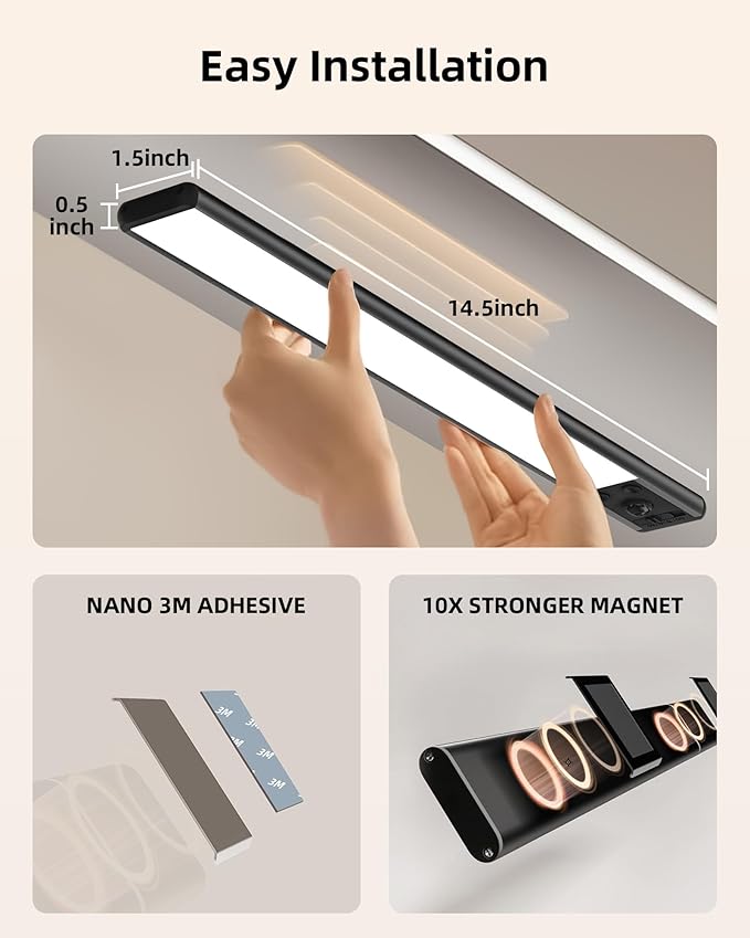 EZVALO 14.5inch Under Cabinet Lighting, 3200mAh Rechargeable Motion Sensor Lights Indoor 3 Color Temps, Magnetic Stick On LED Closet Lights Wireless, Dimmable Under Counter Lights for Kitchen- 2 Pack