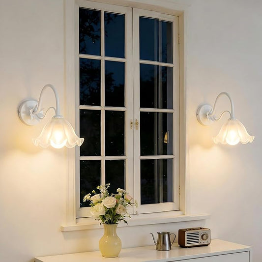 Battery Operated Cordless Flower Wall Sconce Set of 2 (White), Stepless Dimming Magnetic Wireless Wall Lamp, 5200mAh Rechargeable Battery, for Living Room Bedroom Hallway Corridor