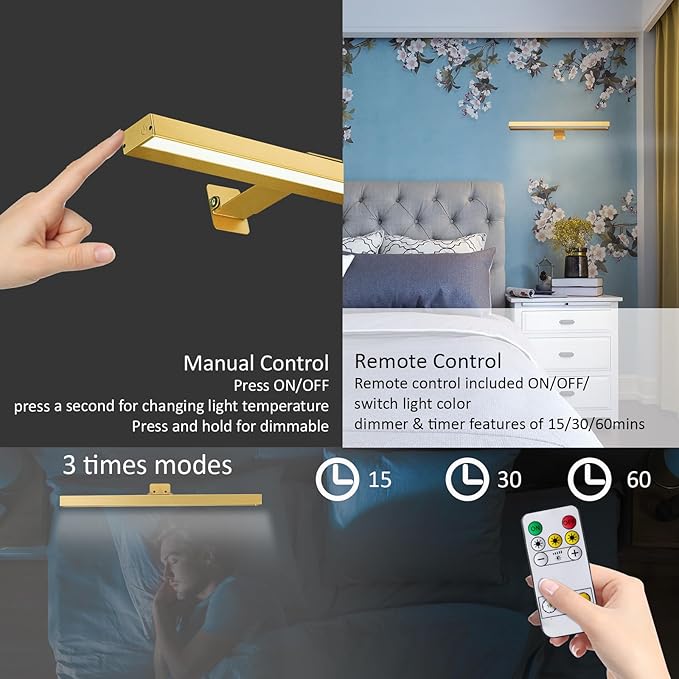 Rechargeable Picture Light,16in Metal Wireless Art Light Display Lamp with Remote,Dimmable and Timer Picture Lights for Paintings,3 Modes,Dartboard Light for Frame Picture Gallery Portrait