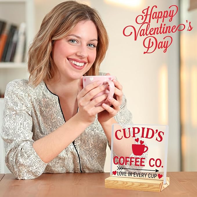 Valentines Coffee Desk Decor, Valentine's Day Gifts for Lover Bar Station, Valentine Home Office Table Sign for Kitchen Shelf Tiered Tray, Cafe Tabletop Decoration to Couples, Coffee Co Love