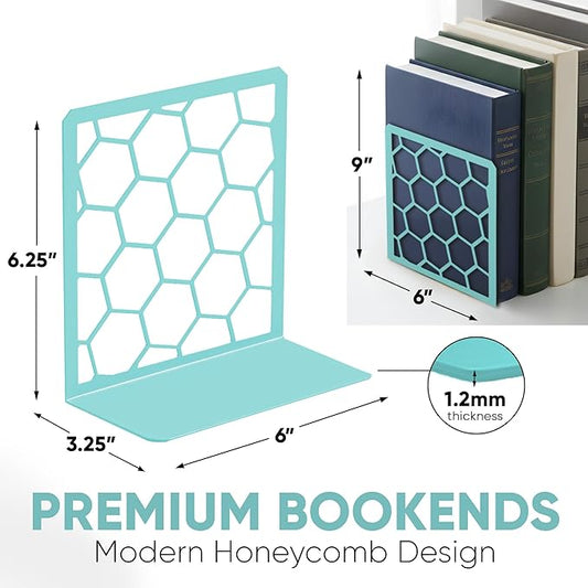 GEOMOD Geometric Honeycomb Turquoise Metal Bookends Decorative - Tall Sturdy Book Ends for Shelves - Modern Heavy Duty Bookend Stopper - Office Shelf Book Holder - 6x3.25x6.25 Inches - 1 Pair
