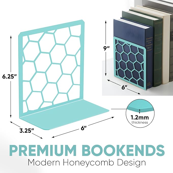 GEOMOD Geometric Honeycomb Turquoise Metal Bookends Decorative - Tall Sturdy Book Ends for Shelves - Modern Heavy Duty Bookend Stopper - Office Shelf Book Holder - 6x3.25x6.25 Inches - 1 Pair