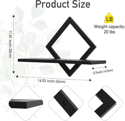 Floating Shelves for Wall,Decorative Wall Shelf,Hanging Shelf for Plants Storage Display Holder,Indoor Decor for Living Room Home Office Bathroom Bedroom,Solid Wood,Diamond Shaped,2 Pack(Black)