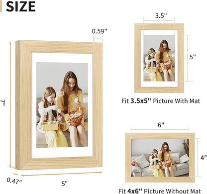 ATOBART 4x6 Picture Frame Set of 4, Displays 3.5x5 with Mat or 4x6 Without Mat, Photo Frames for Wall Hanging or Tabletop, Includes HD Plexiglass, Natural Wood Grain