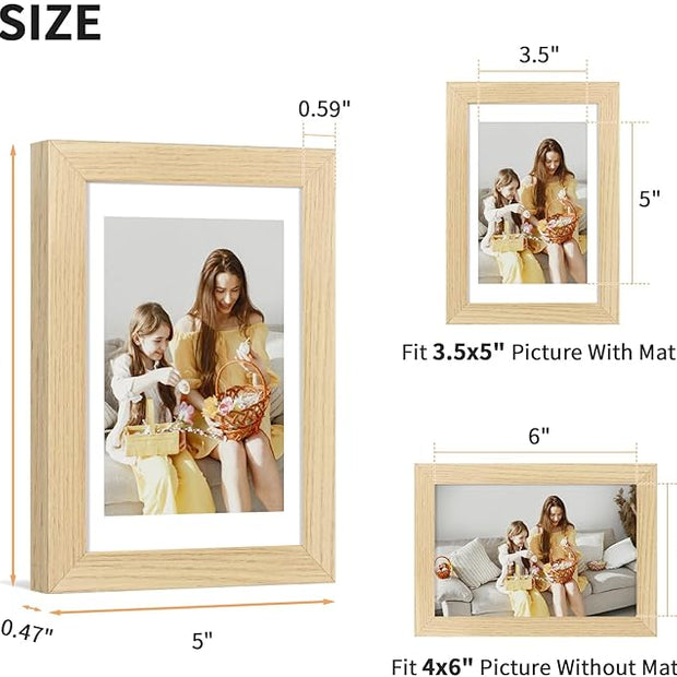 ATOBART 4x6 Picture Frame Set of 4, Displays 3.5x5 with Mat or 4x6 Without Mat, Photo Frames for Wall Hanging or Tabletop, Includes HD Plexiglass, Natural Wood Grain