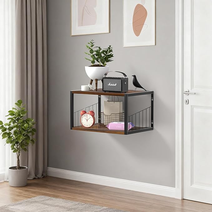 Floating Nightstand, Wood Floating Bedside Table with Cable Hole, Wall Mounted Nightstand for Bedroom, Living Room, Bathroom, Kitchen (Rustic Brown)