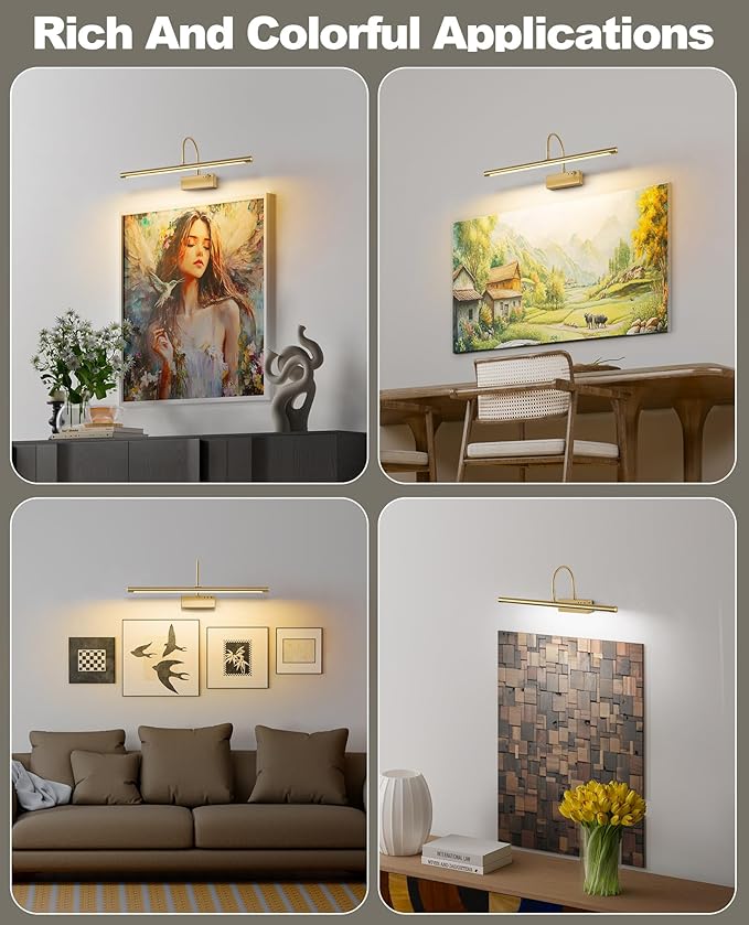 Battery Operated Picture Light with Remote, 24 inch Wireless Rechargeable Art Light with Timer, Dimmable 3CCT Gallery Lighting for Paintings, Portraits, and Canvas (Brass, 23.6inch)