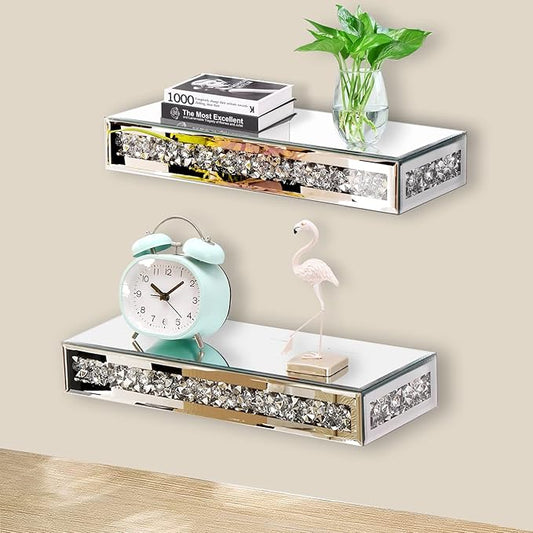 TACIDON Mirrored Floating Shelves - Crystal Crushed Diamond Modern Wall Shelves Set of 2, Gorgeous Glass Mirror Shelf for Home Decor, Bedroom, Living Room, Bathroom, Kitchen - Silver