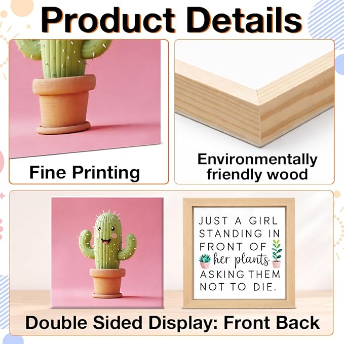 Cute Plant Decor Sign for Girl - Office Gift for Lady Plant Lover - Double-sided Cactus Decor for Tiered Tray Table Desk Shelf Decoration