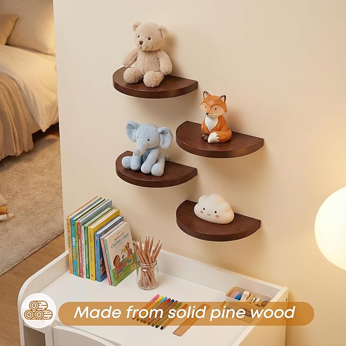 Small Wood Floating Shelves (4-Pack, 6-inch Diameter) - Round Sturdy Invisible Wall Mount Display for Small Plants,Toys,Bathroom,Living Room Storage & Modern Rustic Décor (Dark Walnut)