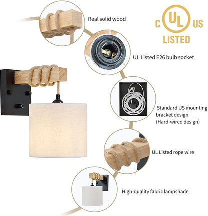 Boho Wall Sconces Set of Two, Hardwired Farmhouse Fabric Wall Lamps with Wooden Arm & On/Off Dimmable Switch,Rustic Indoor Wall Mount Light Fixtures for Bedroom Nursery Living Room Bathroom