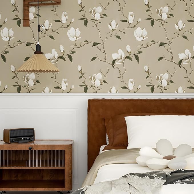 Floral Wallpaper Peel and Stick Vintage Flowers Contact Paper Waterproof Self Adhesive Removable Khaki Botanical Modern Wall Paper for Bedroom Walls Cabinet Locker 17.5
