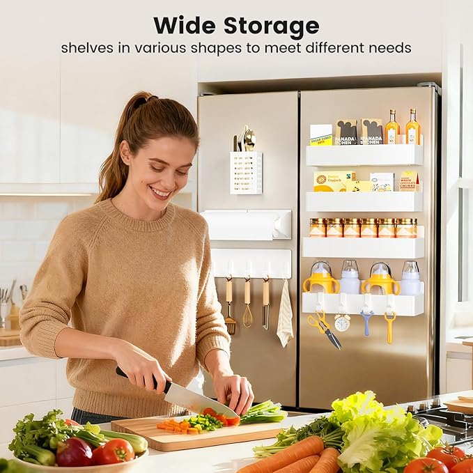 Magnetic Spice Rack for Refrigerator,7 Pack Magnetic Shelf,Fridge Magnet Organizer with Paper Towel Holder,Utensils Racks,Hook Rack,Fridge Organizers and Storage White(7 Pack)