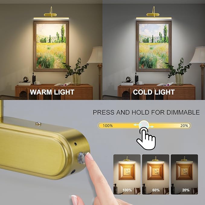 Picture Light,Wireless Art Lights for Paintings,15.9" Battery Operated Wall Lights,Remote Accent Lighting with Timer and Dimmable for Frame,Portrait,Dartboard-Brass