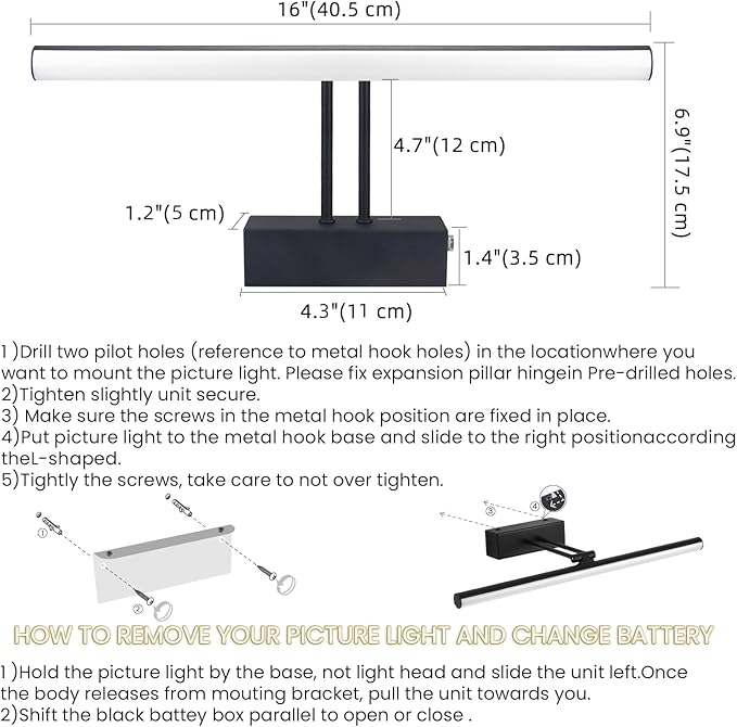 Picture Light, 16" AA Battery Picture Light,Full Metal Picture Frame Light,Wireless Picture Lights with Remote for Wall Display, Photo,Library Black