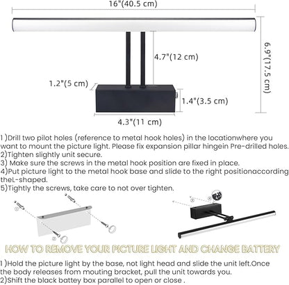 Picture Light, 16" AA Battery Picture Light,Full Metal Picture Frame Light,Wireless Picture Lights with Remote for Wall Display, Photo,Library Black
