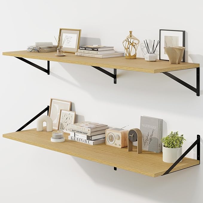 Fun Memories Floating Shelves for Wall, 12 Inch Deep Floating Shelves Set of 2, 48W x 12D Large Wall Shelf with Sturdy Metal Brackets for Living Room, Bathroom, Bedroom and Kitchen, Oak