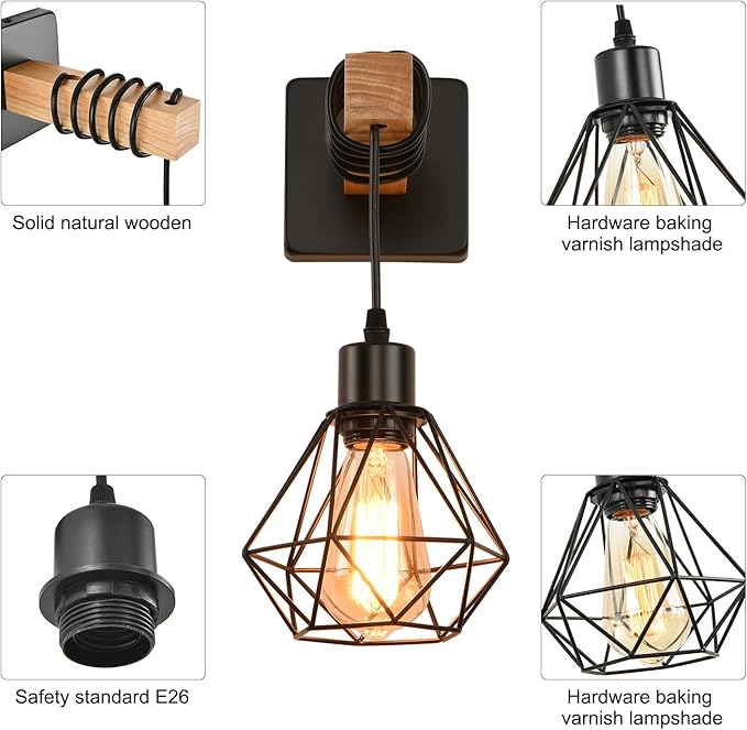 Rustic Wall Sconces Fixtures with Plug in Cord, Set of Two Indoor Vintage Rattan Wall Light Industrial Lamp Fixture Farmhouse Metal Sconces Light for Bedroom Bedside Living Room