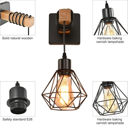 Rustic Wall Sconces Fixtures with Plug in Cord, Set of Two Indoor Vintage Rattan Wall Light Industrial Lamp Fixture Farmhouse Metal Sconces Light for Bedroom Bedside Living Room