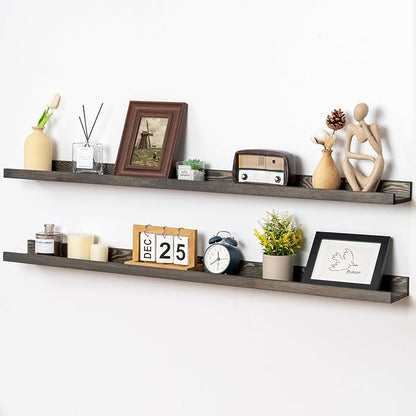 48 Inches Long Floating Shelves for Wall, Solid Pine Wood Picture Ledge Shelves, Wall Shelves with Lips, Nursery Book Shelves for Toys Storage Living Room Bedroom Photo Frames (2 Pcs, Grey)
