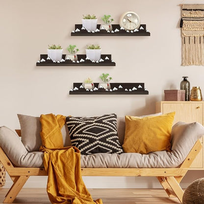 Wenqik 3 Pcs Snow Mountain Floating Shelves Wood Nursery Book Shelves Wall Mounted Rustic Floating Ledge for Kids Room(Dark Grey)