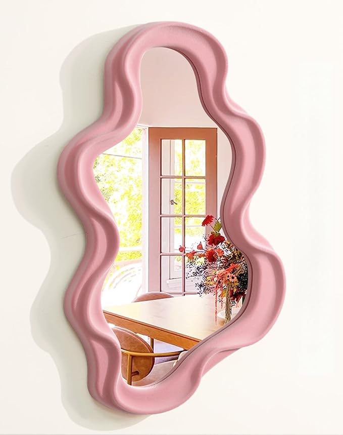 Wavy Mirror Wall Decor for Girly Bedroom, Small Cute Abstract Decorative Mirrors for Modern Apartment Nursery Room Decoration, Hanging Wall Art Above Dresser Desk Table Decor (Light Pink)