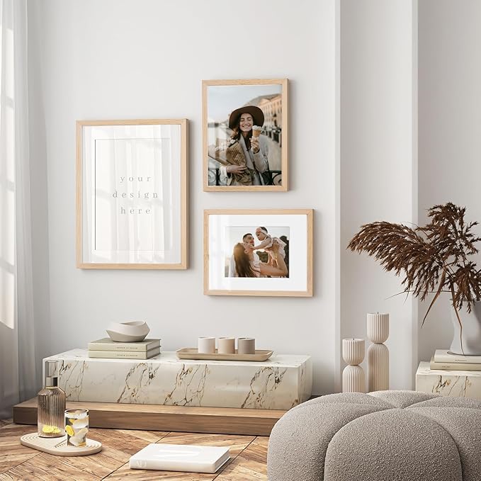 puthiac 9x12 Solid Oak Wood Picture Frame, Fits 6x8 with Mat or 9x12 Without Mat, Wall or Tabletop Display with Stand, Vertical or Horizontal, Plexi Front, 3 Pack, Natural Oak