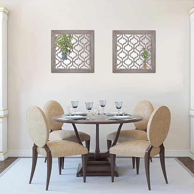 Yudarte 2pcs Set Square Moroccan Cutout Wall Mirror Decor - Farmhouse Rustic Decorative Mirrors for Bedroom Bathroom Living Room Kitchen Entryway 12x12 Inches