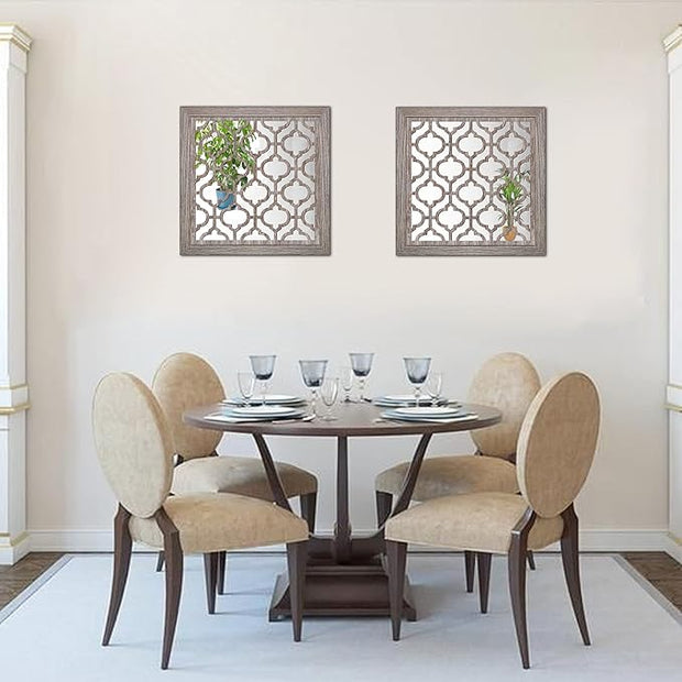 Yudarte 2pcs Set Square Moroccan Cutout Wall Mirror Decor - Farmhouse Rustic Decorative Mirrors for Bedroom Bathroom Living Room Kitchen Entryway 12x12 Inches