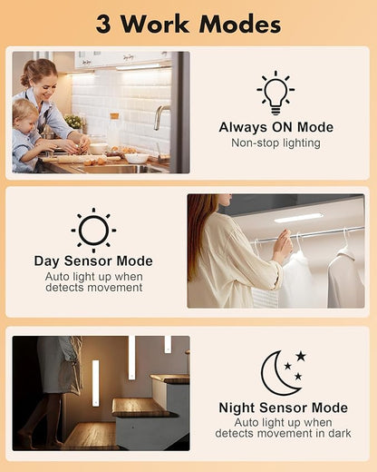 maylit 6 Pack Under Cabinet Lighting, 3 Color Temps Motion Sensor Light Indoor, Rechargeable Battery Operated Lights, Wireless Magnetic Light Bar for Kitchen Counter Closet Stair Shelf Display