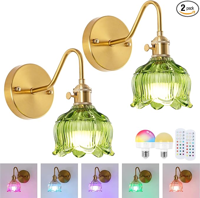 Battery Operated Wall Sconce with Green Glass Shade, Modern Wall Lamp Fixtures Decor Set of 2, Rechargeable Battery Powered Wall Light with Remote Control for Bedside, Bedroom, Doorway