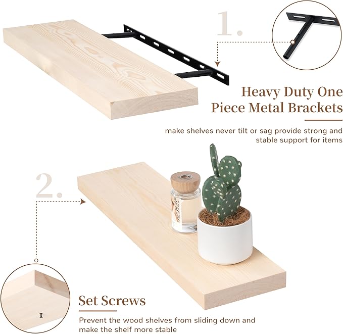 Marsmiles Natural Wood Floating Shelves | 24 Inch Unfinished Wood Wall Shelves Set of 2 | 24