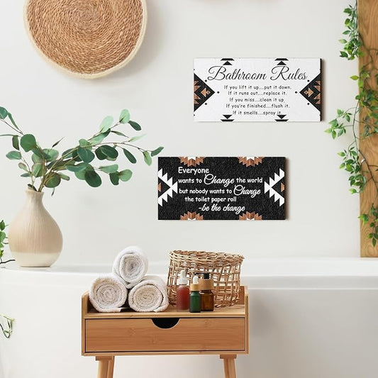 Jetec 2 Pieces Funny Bathroom Signs Bathroom Wall Decor Toilet Wall Accessories Farmhouse Toilet Rustic Wooden Signs, 12x6 Inch(Boho Style)