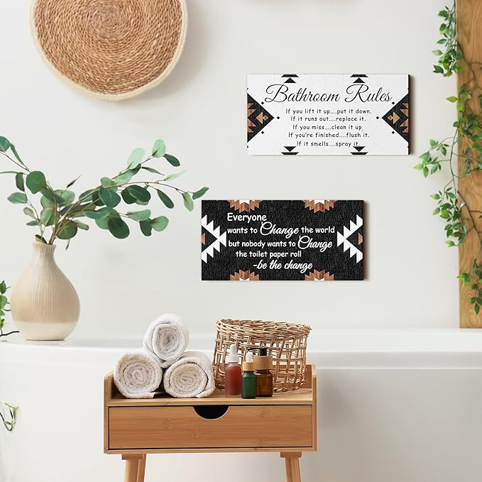 Jetec 2 Pieces Funny Bathroom Signs Bathroom Wall Decor Toilet Wall Accessories Farmhouse Toilet Rustic Wooden Signs, 12x6 Inch(Boho Style)