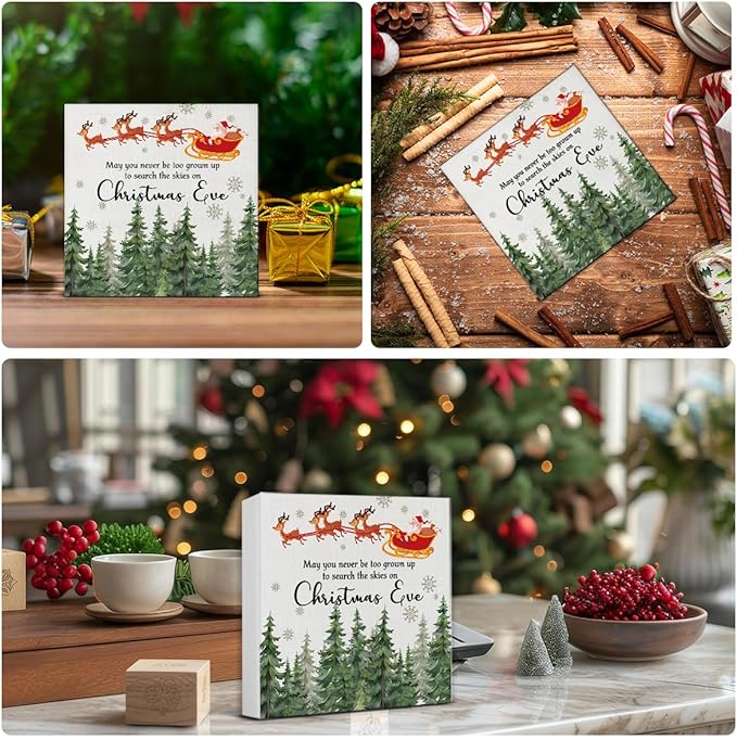 Christmas Sign Decor, May You Never Be Too Grown Up to Search the Skies on Christmas Eve Decorations, Santa Claus Reindeer Wooden Sign Rustic Home Decor 5 x 5 Inches