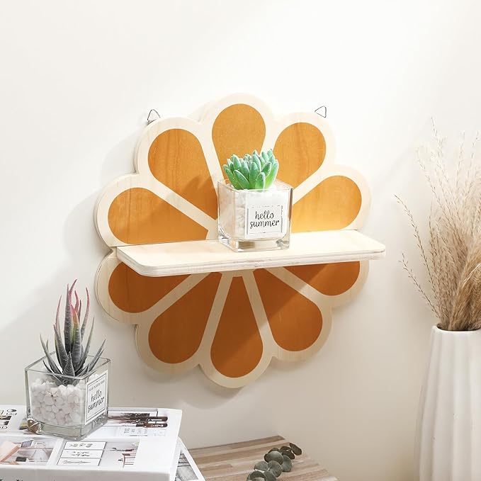Tatuo 2 Pieces Boho Wooden Flower Wall Shelves Bohemian Holders Hanging Shelf for Living Room Bathroom Bedroom Office Nursery Wall Decor