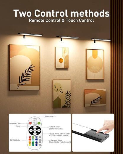 Diomart Picture Lights for Wall, 12'' Dimmable Remote LED Art Light with 15 Color Temps, USB-C Rechargeable Battery Picture Light Wireless, Timer, for Paintings, Canvas, Photos, Bedroom（Black） ﻿