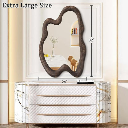 AAZZKANG Large Wall Mirror with Wood Framed 24"x16" Vintage Irregular Wall Mirror Asymmetrical Hanging Mirror for Bathroom Bedroom Living Room Entryway Brown