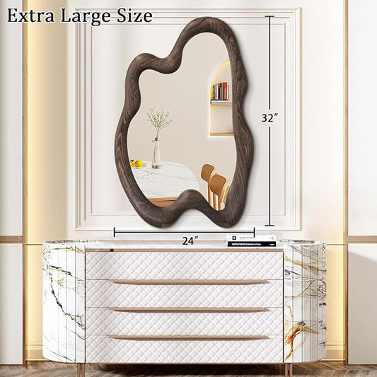 AAZZKANG Large Wall Mirror with Wood Framed 24"x16" Vintage Irregular Wall Mirror Asymmetrical Hanging Mirror for Bathroom Bedroom Living Room Entryway Brown