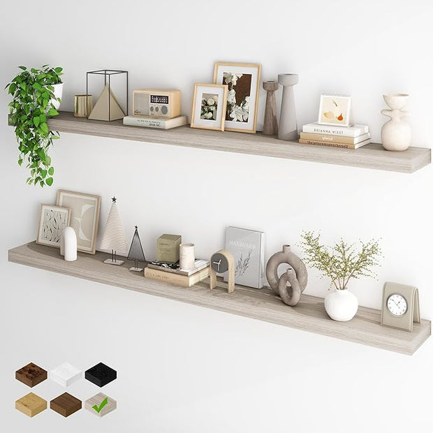 Fun Memories 72 Inch Floating Shelves, Wall Mounted Rustic Wood Floating Shelf with Invisible Brackets for Storage & Decor, 2 Pack Shelves for Bathroom,Bedroom and Kitchen, Grey