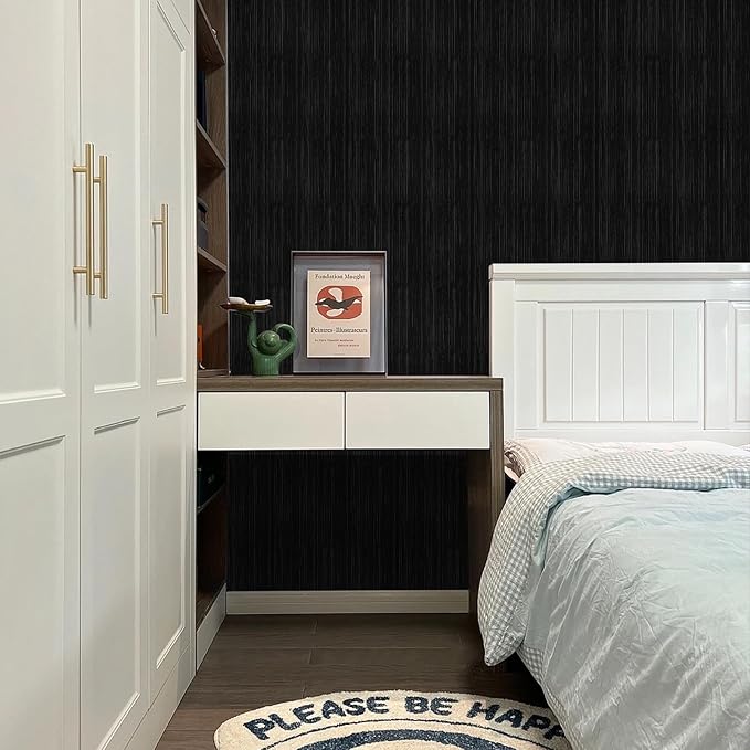 Black Grasscloth Peel and Stick Wallpaper Texture Contact Paper 15.7
