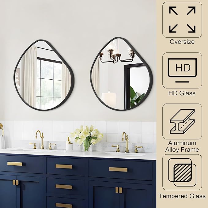 Irregular Wall Mirror Asymmetrical Mirrors, 19''x20'' Black Metal Framed Mirror for Bathroom Bedroom Living Room Entryway, Decorative Modern Wall Decor, Wall Mouted