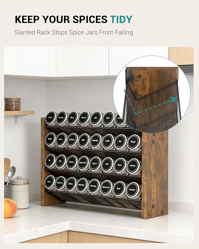 NESAPTO Spice Rack Organizer for Cabinet, Wooden 4 Tier Vertical Seasoning Organizers for Kitchen Pantry, Countertop/Wall Mount, Holds 32 Spice Jars (No Jars Included), 15.7
